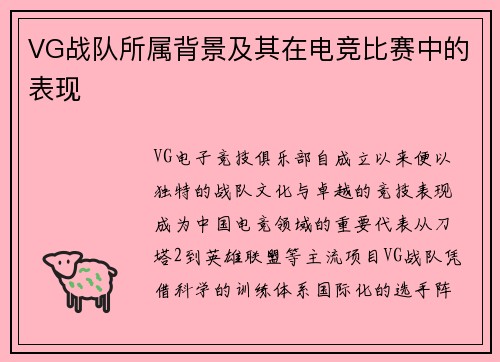 VG战队所属背景及其在电竞比赛中的表现